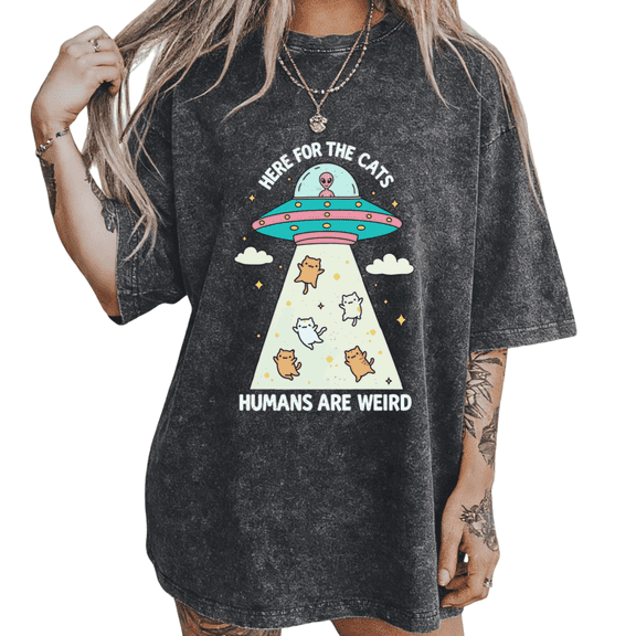 Black Washed Alien Cat Quote S-2XL Print Tshirt Graphic Tees Shirts Space Cat Fashion Tops