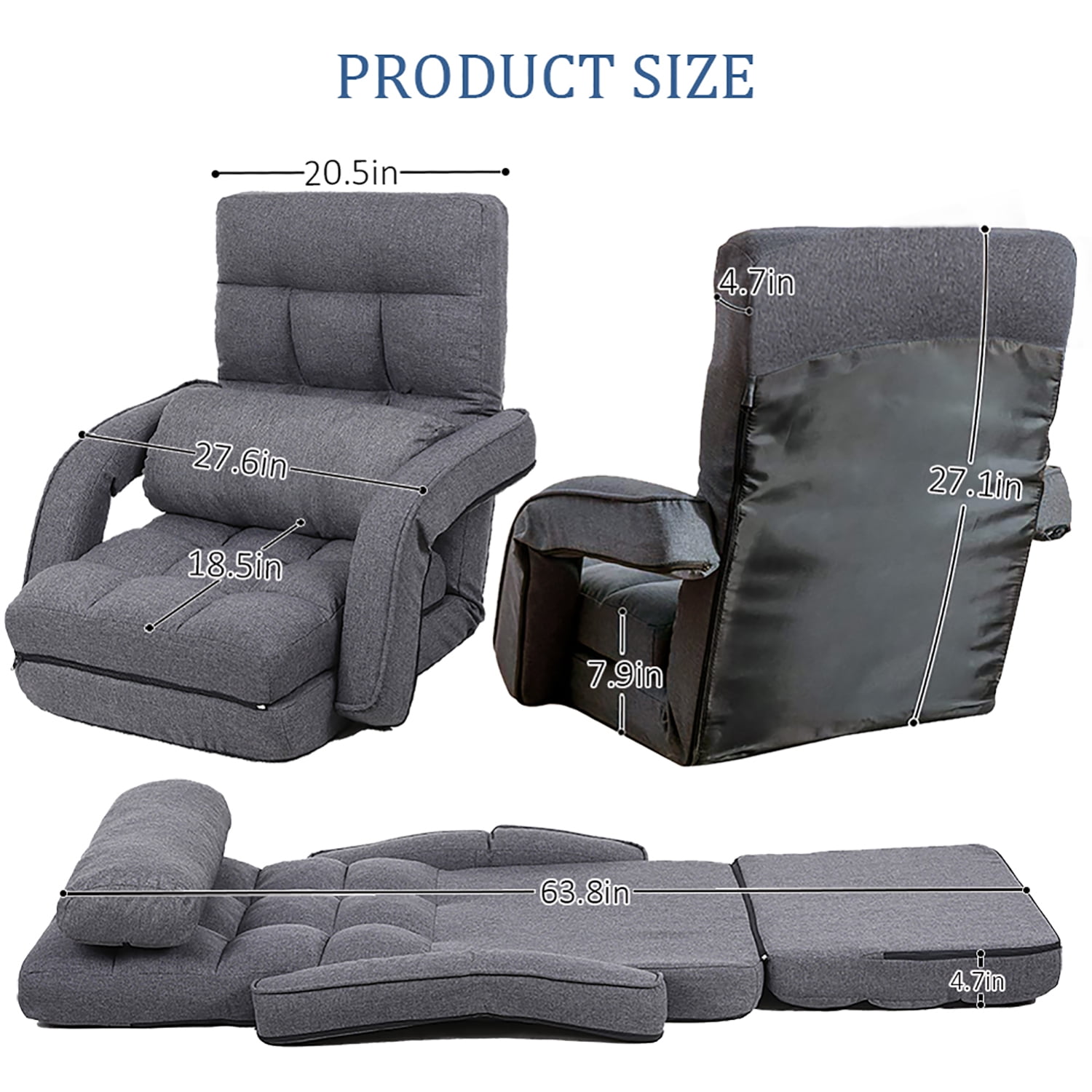 Kadyn Adjustable Floor Chair,Folding Lazy Sofa with Armrests and a Pillow Padded, Floor Chair Sofa for Living Room, Bedroom, Grey Kadyn Adjustable Floor Chair,Folding Lazy Sofa with Armrests and a Pillow Padded, Floor Chair Sofa for Living Room, Bedroom, Grey