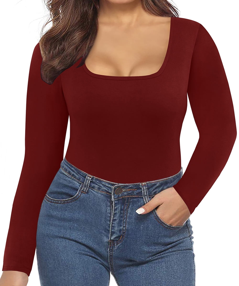 TIYOMI Women's Plus Size Long Sleeve Shirts 3X Basic Square Neck Tops