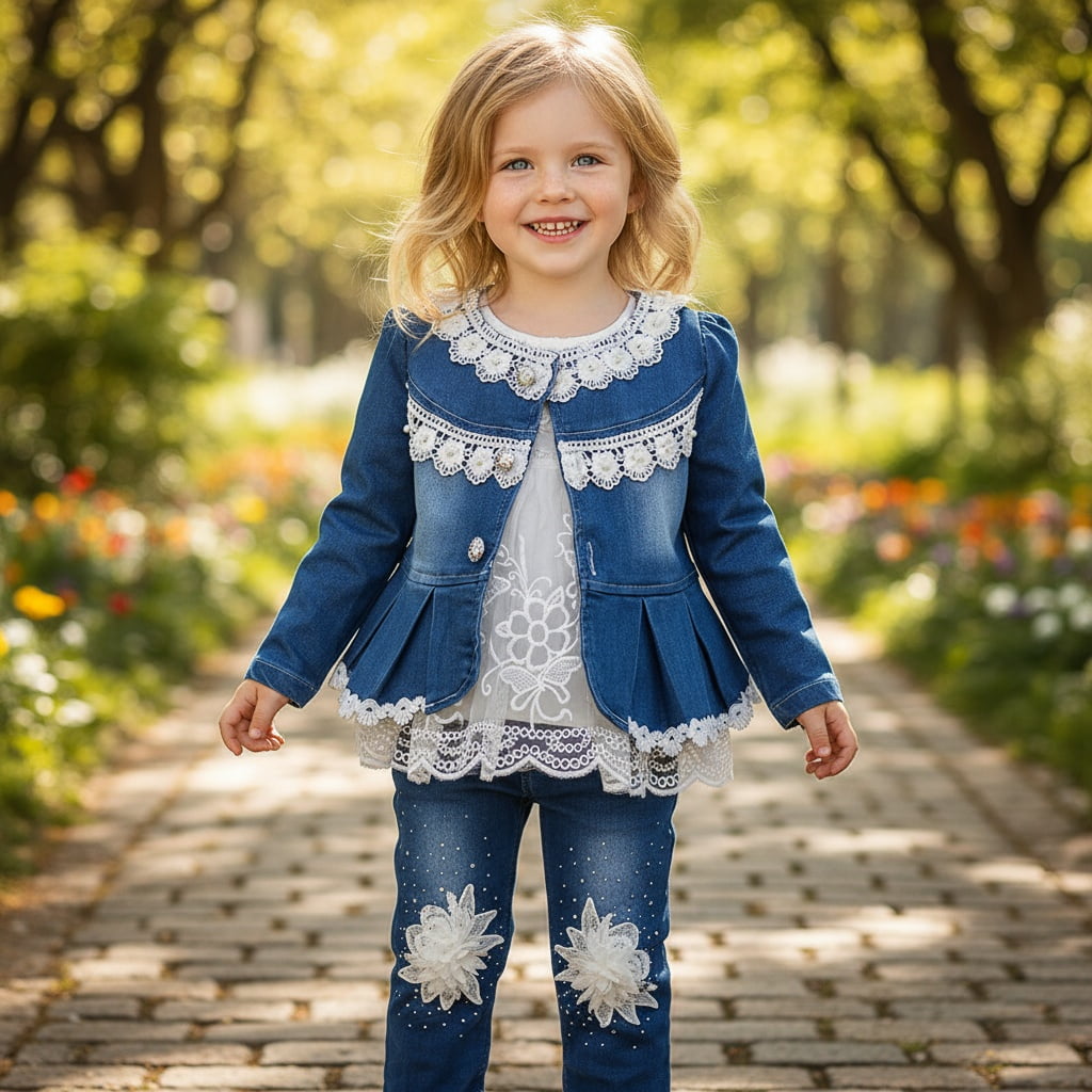 Peaoclate 6M-4Y Spring Autumn Infant Toddler Baby Girl Denim Clothing 3 pcs Sets 3 pcs Casual Outfits Lace Dress Jacket and Jeans,2-3Years,Flower-Orange