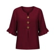 thumbnail image 4 of Only Moment Lightweight Soft Casual Shirts for Women 3/4 Sleeve V Neck Ruffle Sleeves Cotton and Linen Dressy Collared Shirts Trendy Business Casual Work Blouses Vacation Outfits 2026 Wine,S, 4 of 9