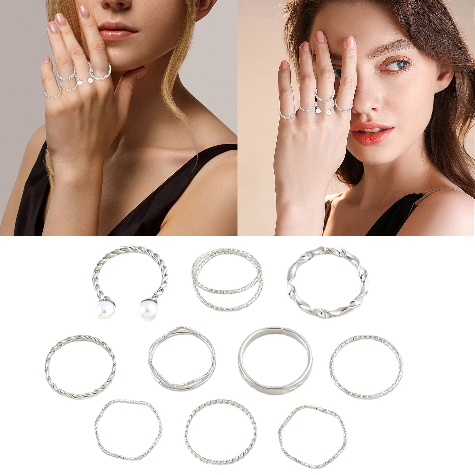 ZHIYU 10 Piece Set Wave Twist Pearl Finger Rings Alloy Jewelry Retro