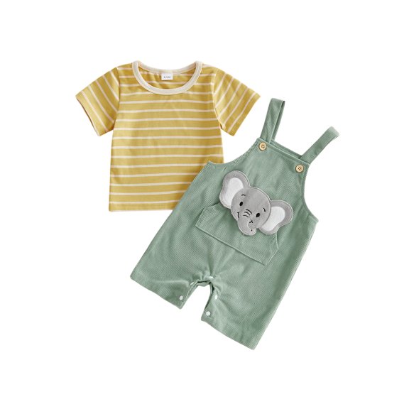 BemeyourBBs Newborn Baby Summer Clothes Infant Baby Boys Dinosaur Elephant Outfit Casual Loose Striped Short Sleeve T Shirt Tops and Animal Embroidered Overalls Jumpsuit Suspender Pants Set