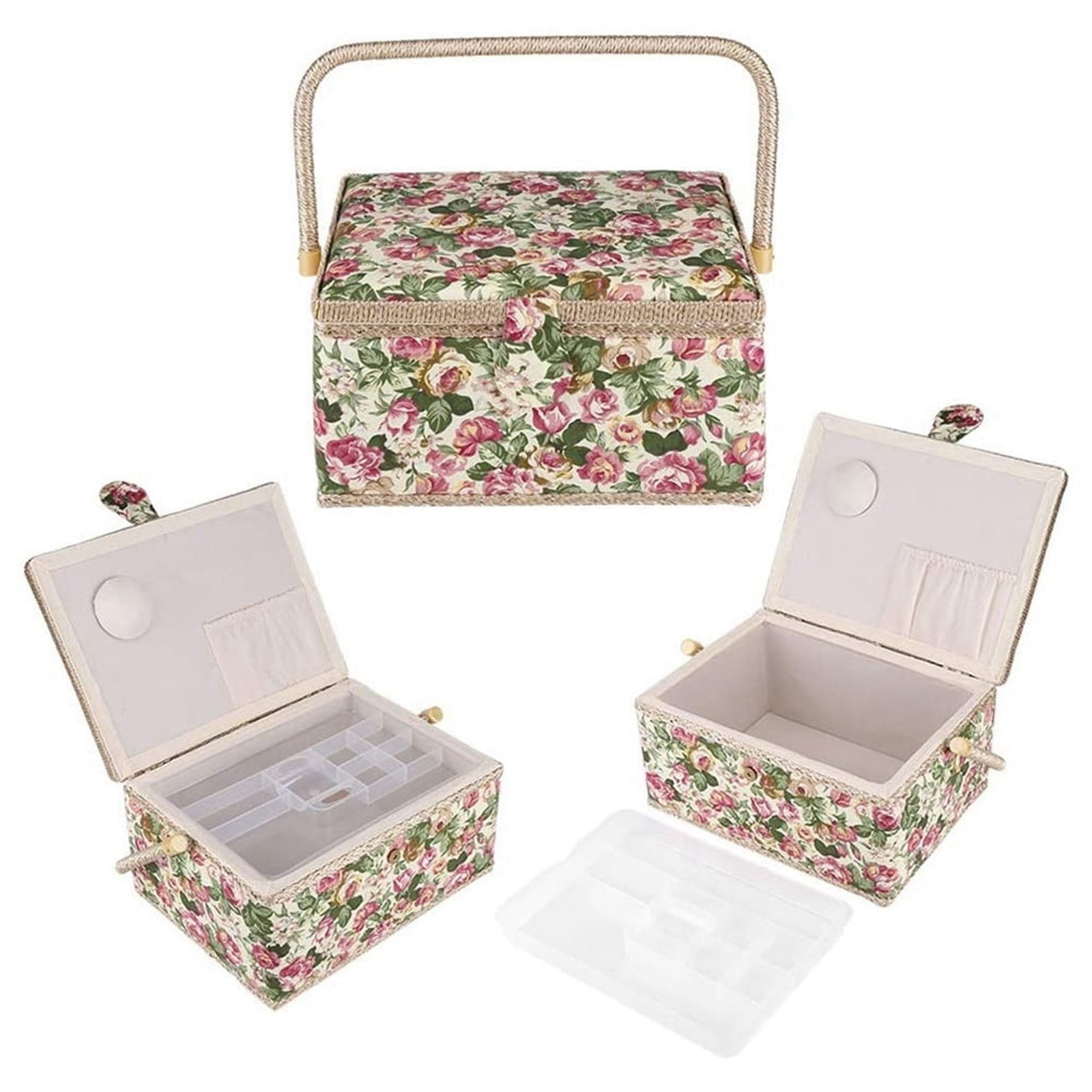 Gnwei Large Vintage Sewing Basket, Sewing Basket with Rose Floral Print Design- Sewing Kit Storage Box with Removable Tray, Built-In Pin Cushion and Interior Pocket - 7.5" x 5.1" x 3.9"