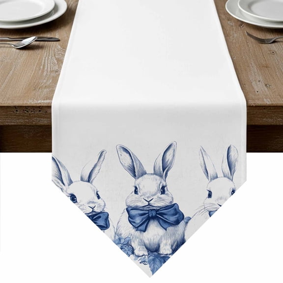 Vintage Bunny Easter Table Runner Linen Burlap Table Runner 70 Inches Long Pastoral Rabbit Spring Floral Dresser Scarves for Kitchen Island Coffee Dining Party Wedding Banquet Holiday Decor 13"x70"