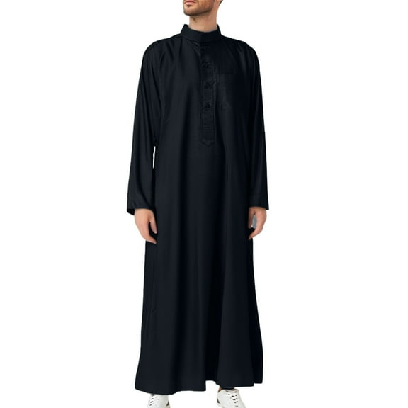 Arab Men's Solid Color Stand Collar Robe Pocket Men's Robe