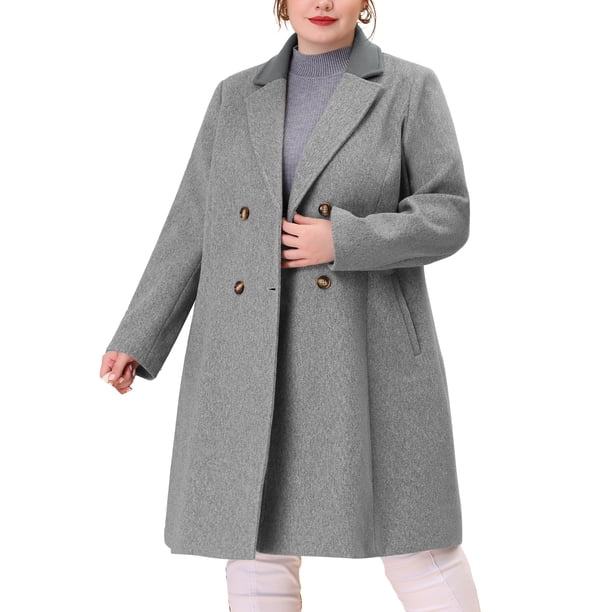Abrigo largo de mujer de tallas grandes GRACE & GRANDEUR, con solapa muesca, doble botonadura, abrigo de invierno con bolsillos 1X gris