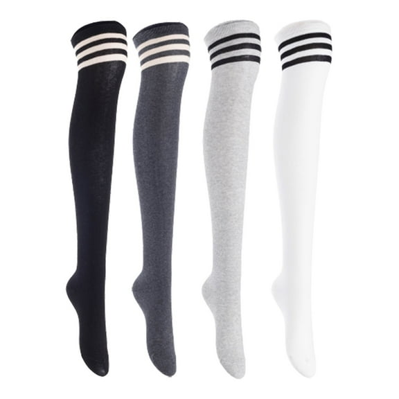 Lian LifeStyle Women's 4 Pairs Adorable Comfortable Soft Thigh High Over Knee High Cotton Socks, Size 6-9, JMYP1022 Black, DarkGrey, LightGrey, White