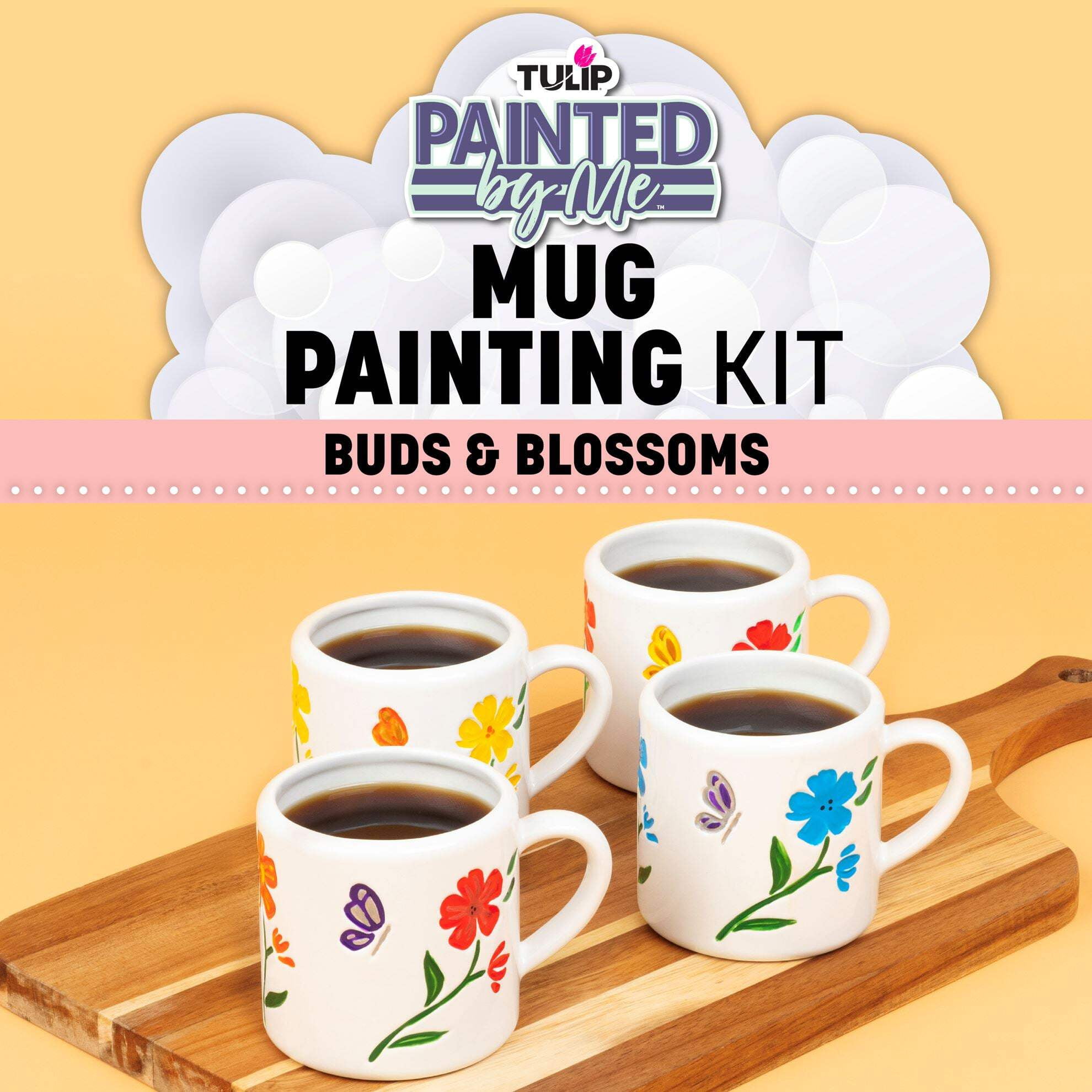 TULIP Painted by Me All-in-One Paint and Bake Ceramic 4 Mug Set with Flower Designs, Easy Craft Kit, Includes 4 Mugs, 8 Rainbow Paints, 4 Brushes