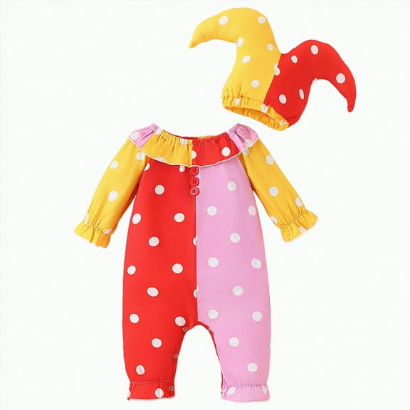 HCNTES Toddler Baby Clown Boy Girl Funny Halloween Outfit Contrast Color Long Sleeve Jumpsuit with Hat(12-18 Months,Z159-Red)