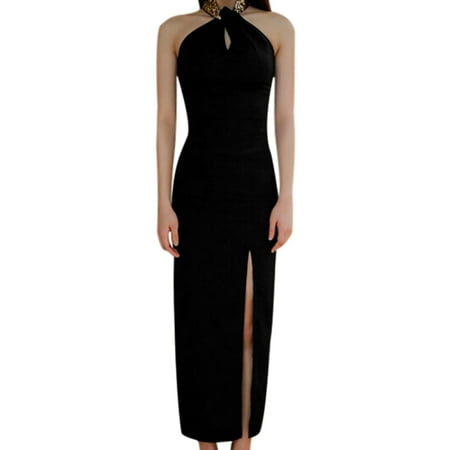 Black Sequin Halter - Unique Bargains Women's Sequined Halter Neck Cut Out Front Split Hem Maxi Dress Black (Size M / 8)