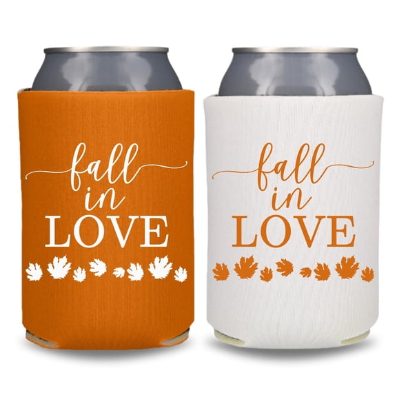 Fall Wedding Can Coolers, Fall In Love, Wedding Party Gift and Souvenir Ideas, Couple's Wedding Beer Sleeves (2Pack (1 White, 1 Burnt Orange))