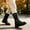 Black, variant on Women's Retro Dual Buckle Strap Mid Calf Biker Boots, Soft Leather Back Zip Low Heel Booties, Stable Comfort Booties Black 6(36)