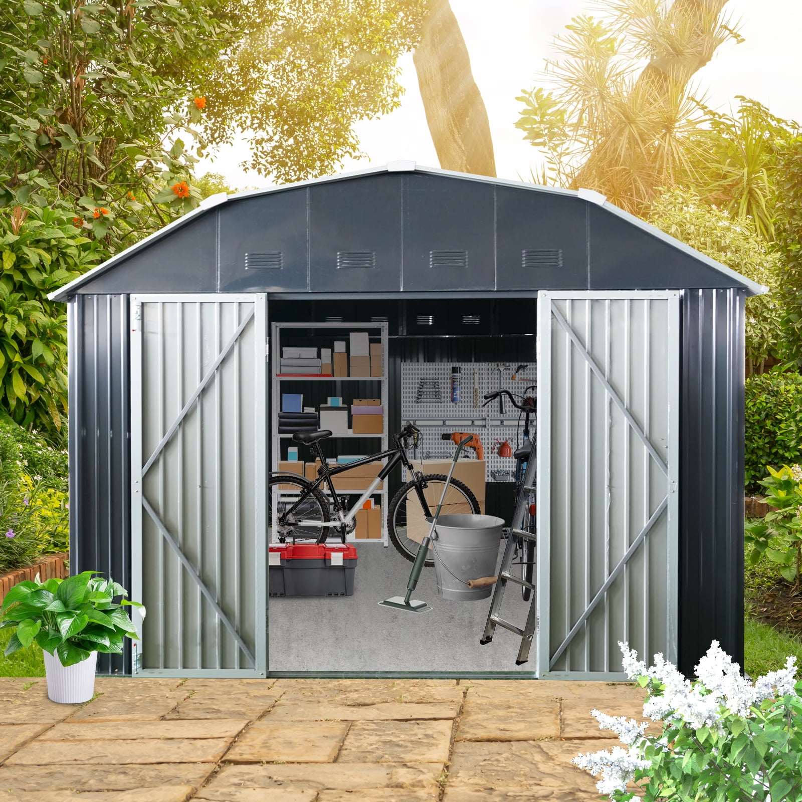10x12ft Metal Outdoor Storage Shed with Arch Roof Black