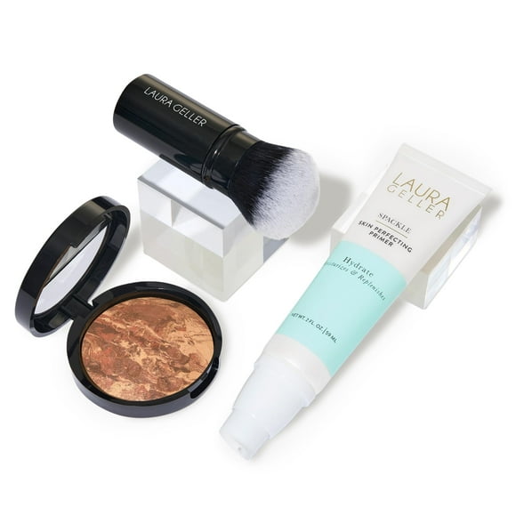 Laura Geller New York Laura'S Must-Haves Kit de 3 piezas: base en polvo Baked Balance-N-Brighten Deep Spackle Skin Perfecting Makeup Primer Hydrate aerógrafo redondo Kabuki Brush