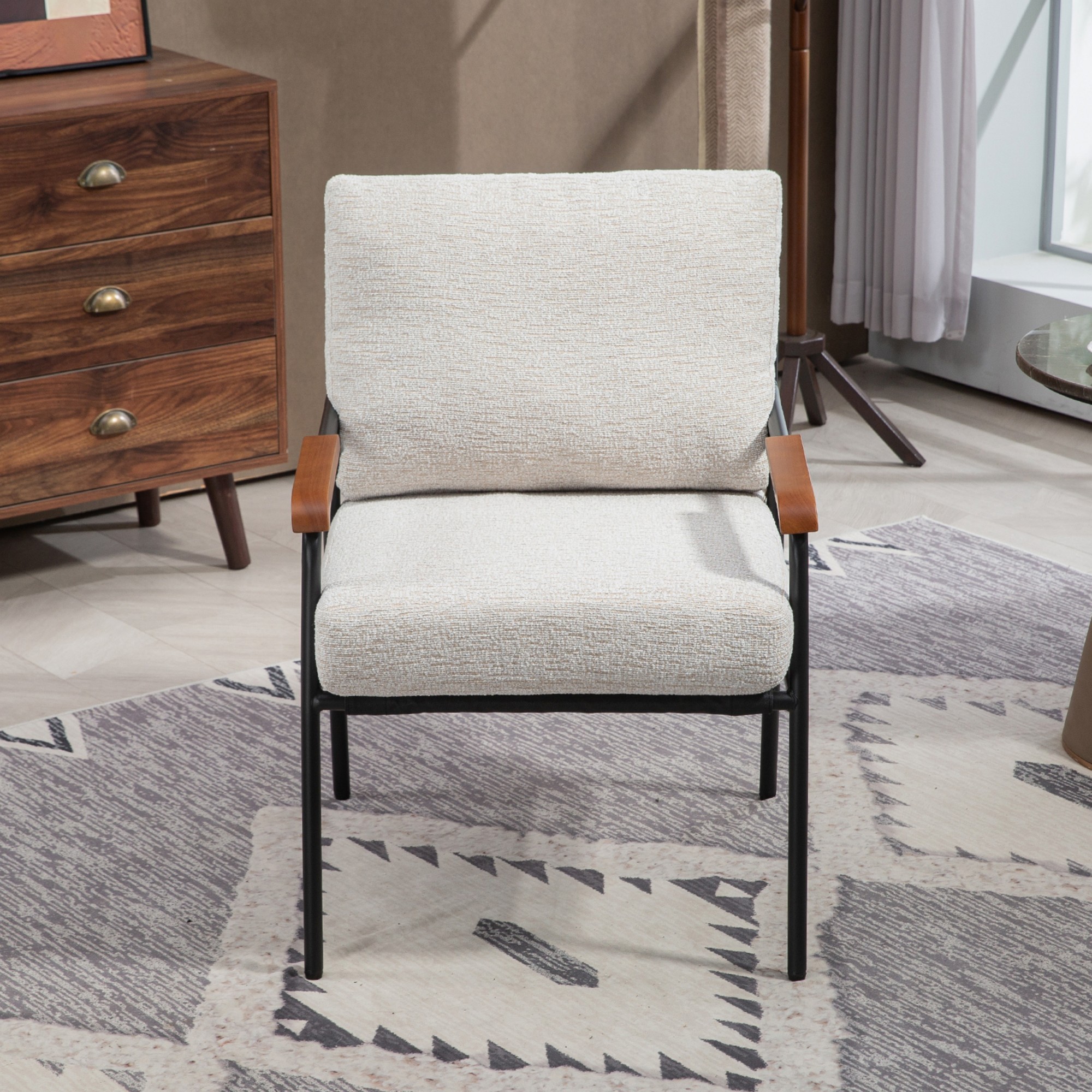 Modern Arm Chair,Accent Chair,Upholstered Lounge Chair with Black Metal Frame for Bedroom, Living Room, Dining Room,Beige