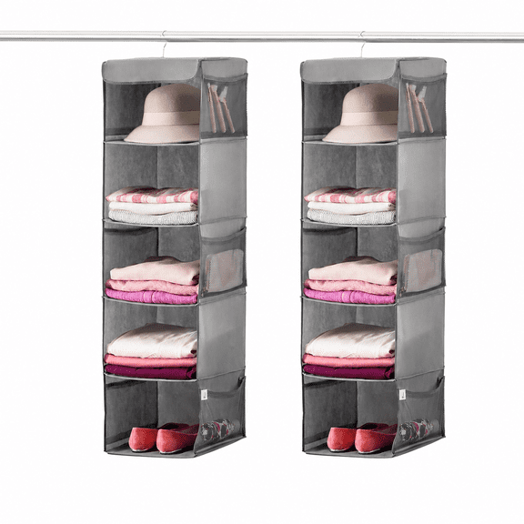 2 Pack 5 Tier Hanging Closet Organizer and Storage for Shelves, Foldable Clothes Shelf with 2 Sturdy Hooks, Sweater/Coat/Shoes Clothing Organization for Wardrobe, Dorm, Bedroom, Gray