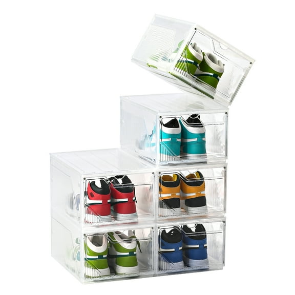 2025 New upgrade 10 seconds Assemble 6-Pack Modular Shoe Organizer with Magnetic Doors, Clear Stackable Drop-Front Boxes for Sneaker Storage, Holds up to Size 15