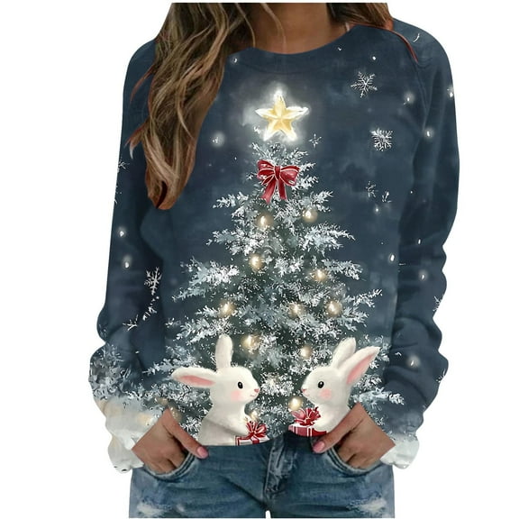 Womens Christmas Sweatshirts Graphic Tops Christmas Tree Pullover Shining Light Sweatshirts Santa Claus Outfits Snowman Tees Trendy Casual Garments