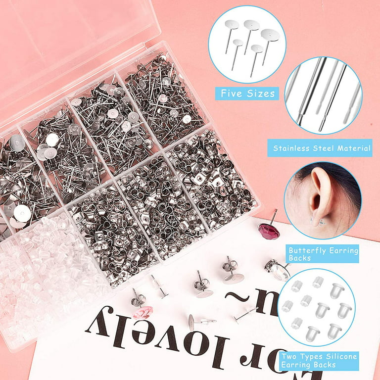 600 PCS 5MM Hypoallergenic Stainless Steel Earrings Posts Flat Pad Blank  Earring Pin Studs with Butterfly Earring Backs and Silicone Bullet Earring  Backs for Jewelry Making Findings 