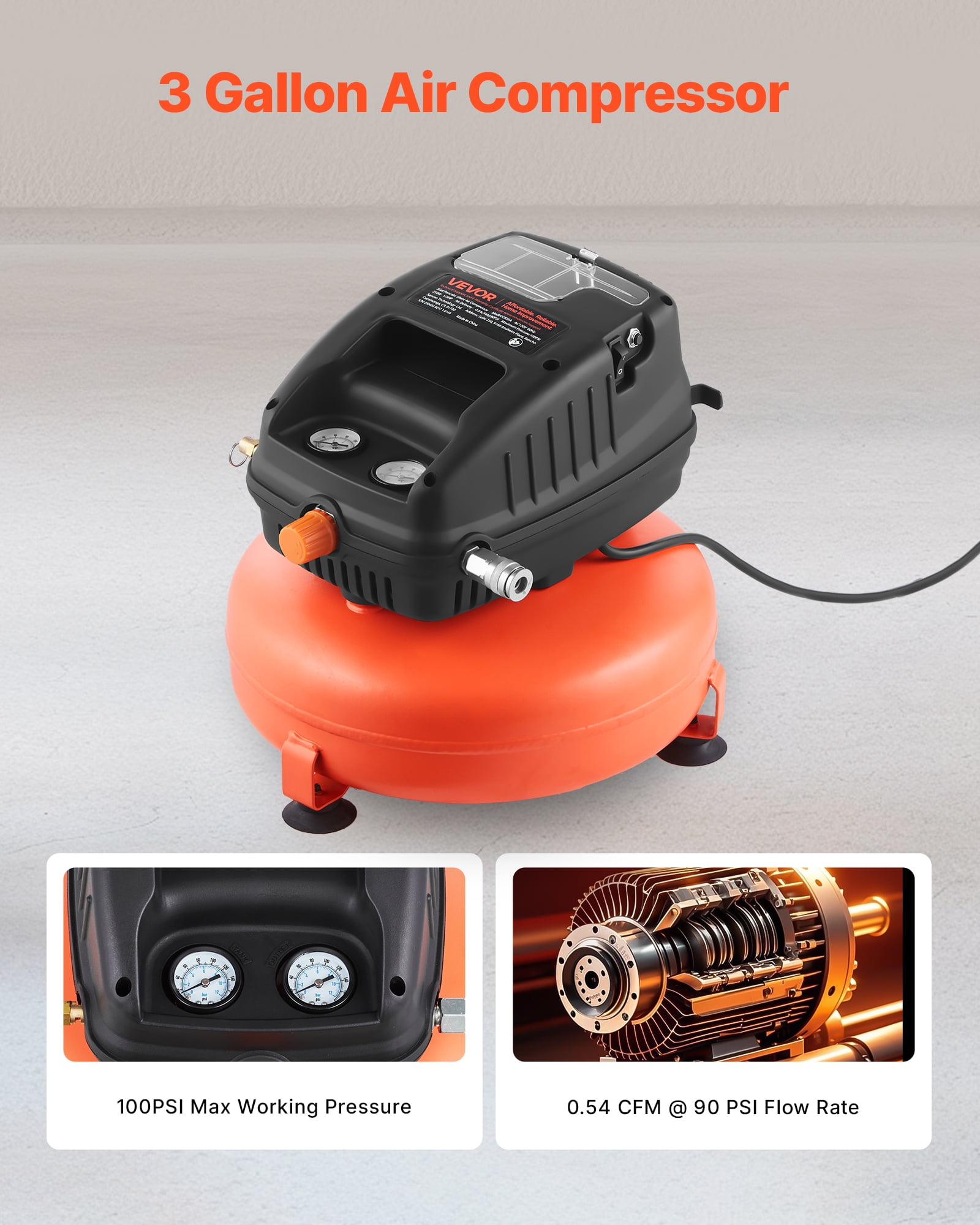 VEVOR 3 Gallon Air Compressor,1/3HP 0.54CFM @ 90PSI Portable Pancake Air Compressor & 100PSI Max Working Pressure, Oil-Free Compressor Tank for Tire Inflation, Spray Painting, Woodwork Nailing, 120V