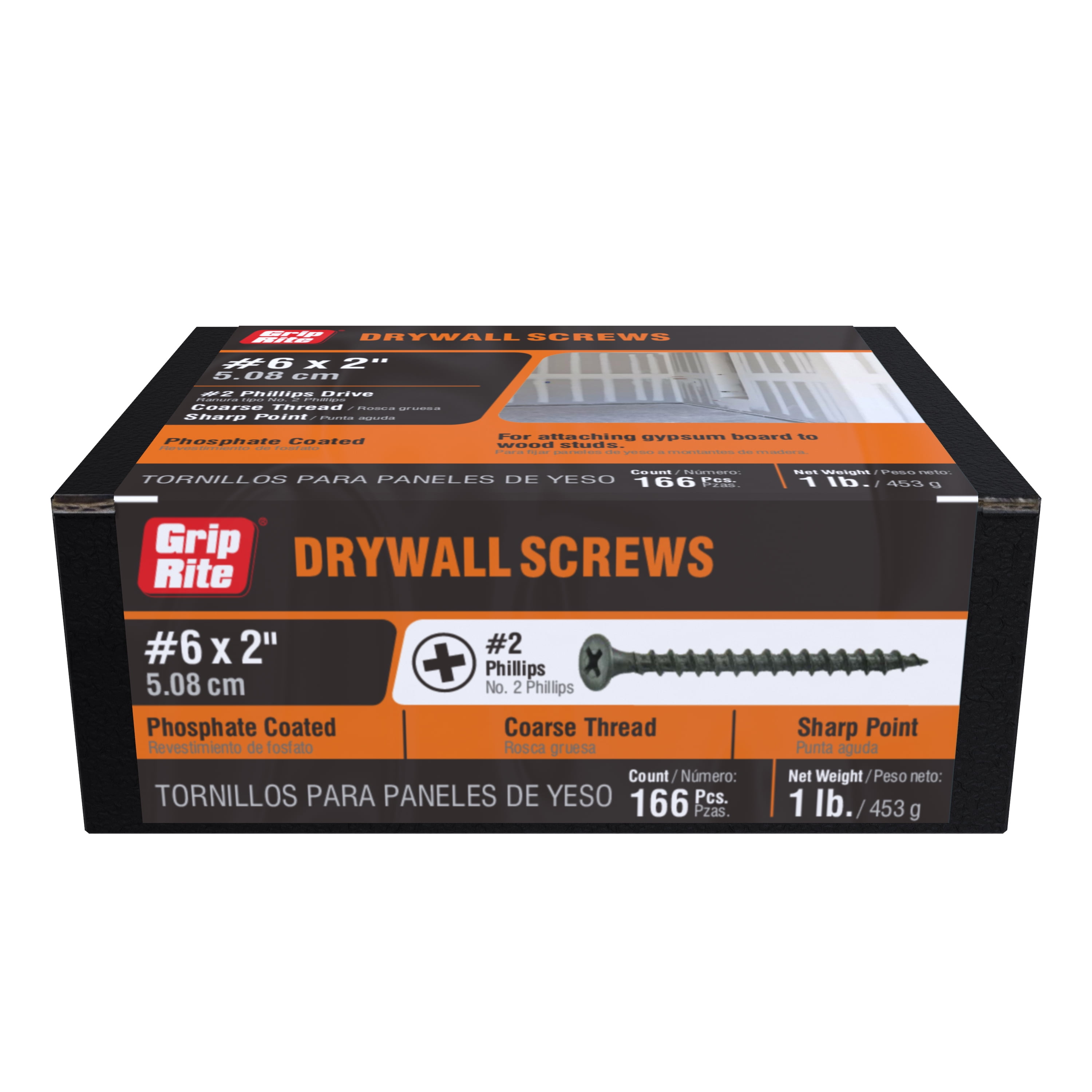 (3 pack) Grip-Rite #6 x 2 in. Phillips Bugle-Head Coarse Thread Sharp Point Drywall to Wood Screw 1 lb.
