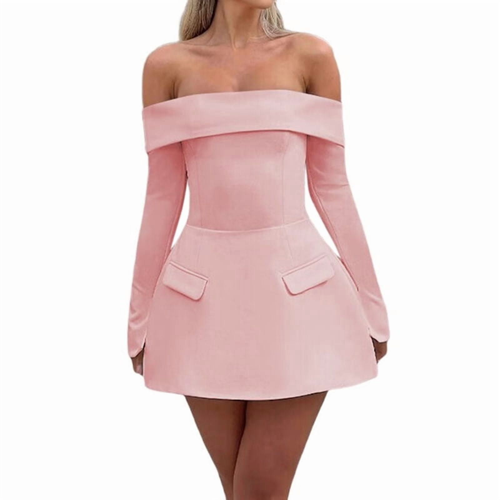 Women Mini Dress Off Shoulder Long Sleeve A Line Dress Short Formal Dresses Party Clubwear Pink S