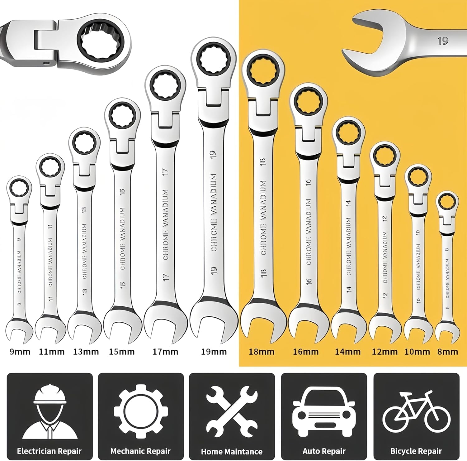 Yonopro 16Pcs Ratcheting Wrench Set, Combination Ratchet Wrench Set 6-22MM with Chrome Vanadium Steel Flex-Head & Carrying Bag