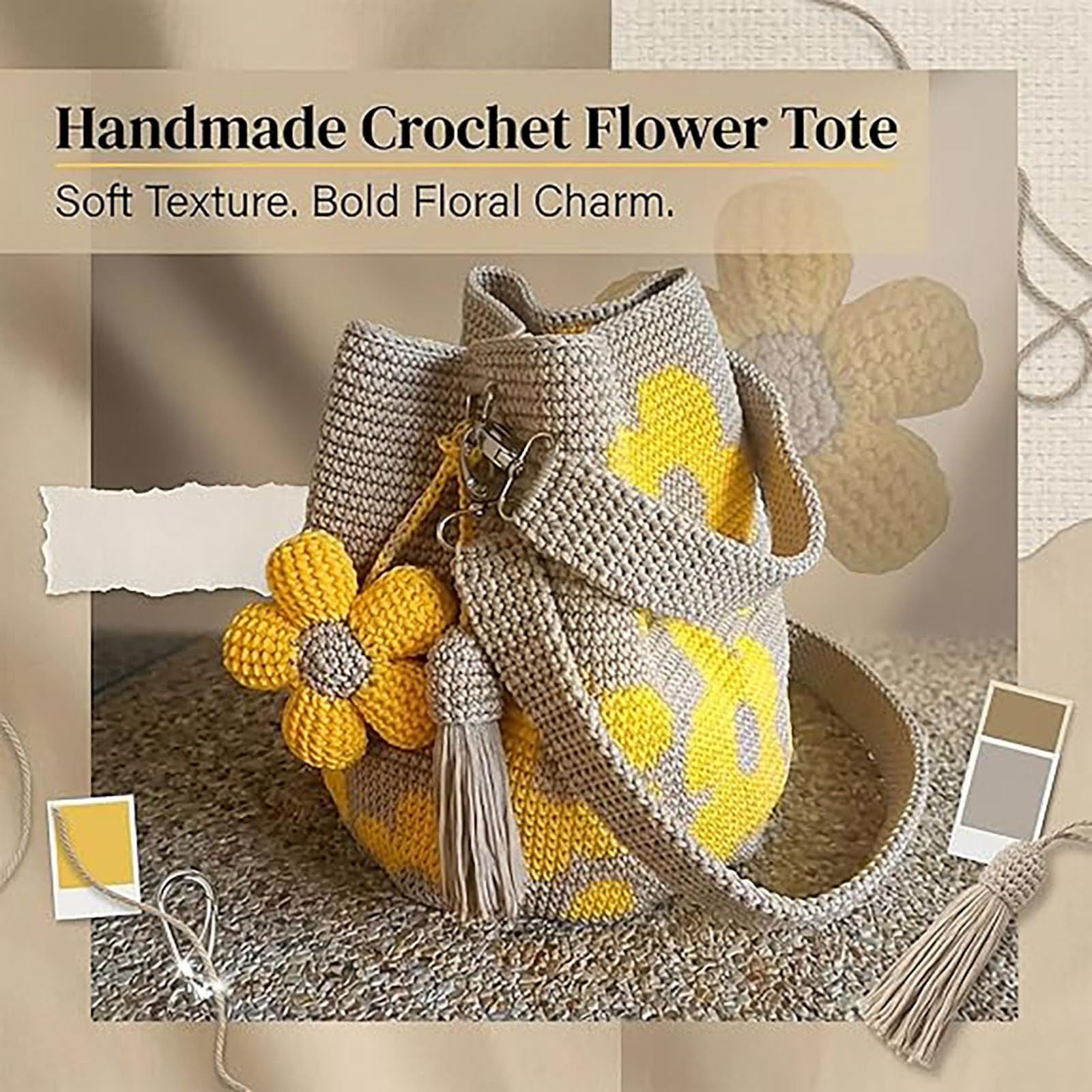 Handmade Crochet Flower Tote Bag, Boho Woven Beach Shoulder Purse, Crochet Tote Bag for Women, Floral Travel Shopping Aesthetic Handbag (1 Pc)
