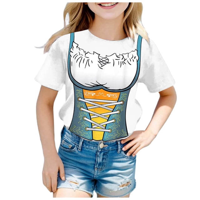 WEAIXIMIUNG Vêtements pour Adolescentes Mode Festival Imprimé Col Rond Manches Courtes T-Shirt Décontracté (4)