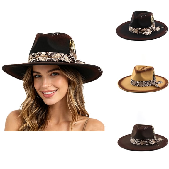 Big Wide Brim Boho Western Hat for Women and Men - Felt Rancher Fedora Panama Hat with 4 inches Flat Brim Cowboy Hat