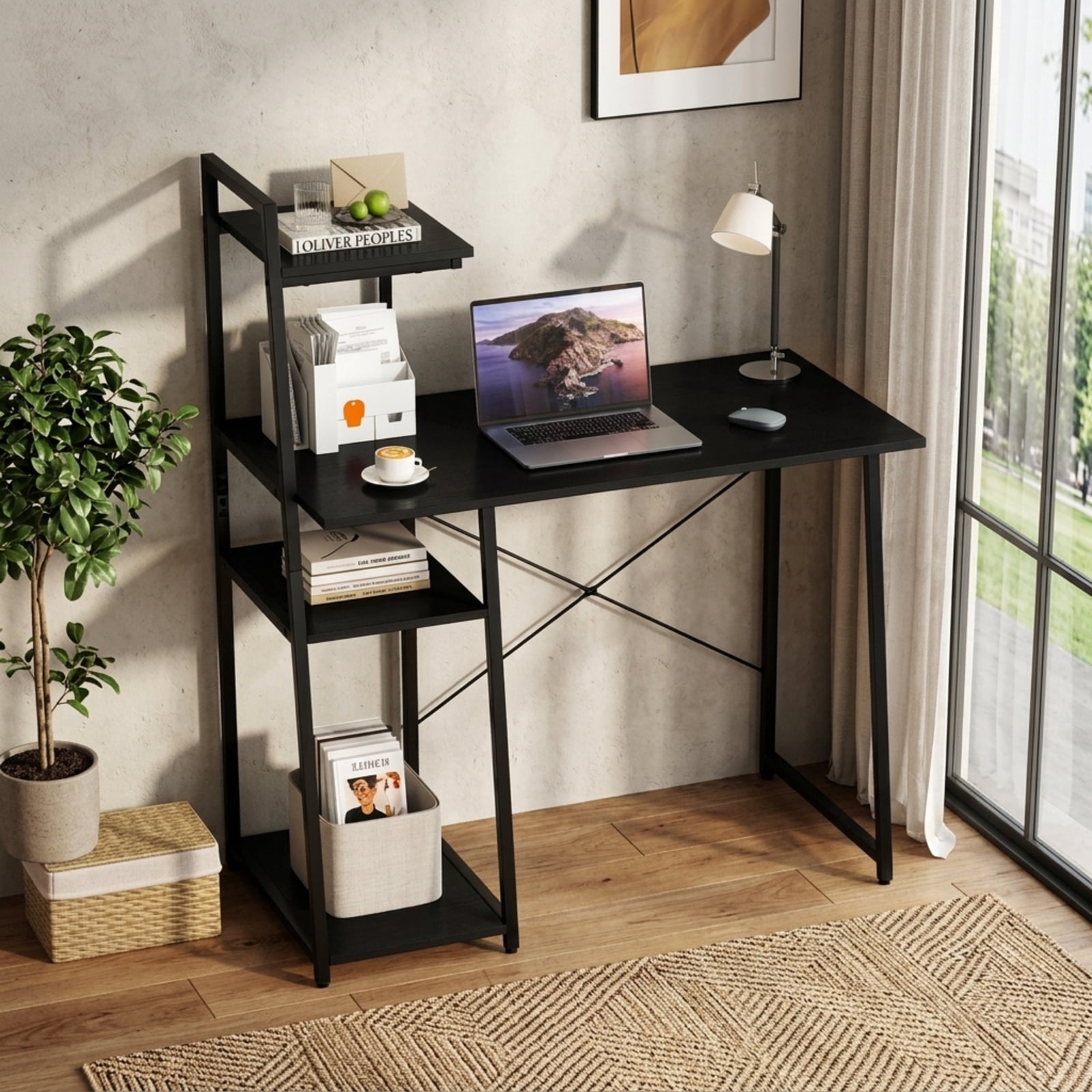 Furnibear Computer Desk with 3-Tier Storage Bookshelf Metal Frame Home Office Writing Workstation and Open Display Shelves, Black