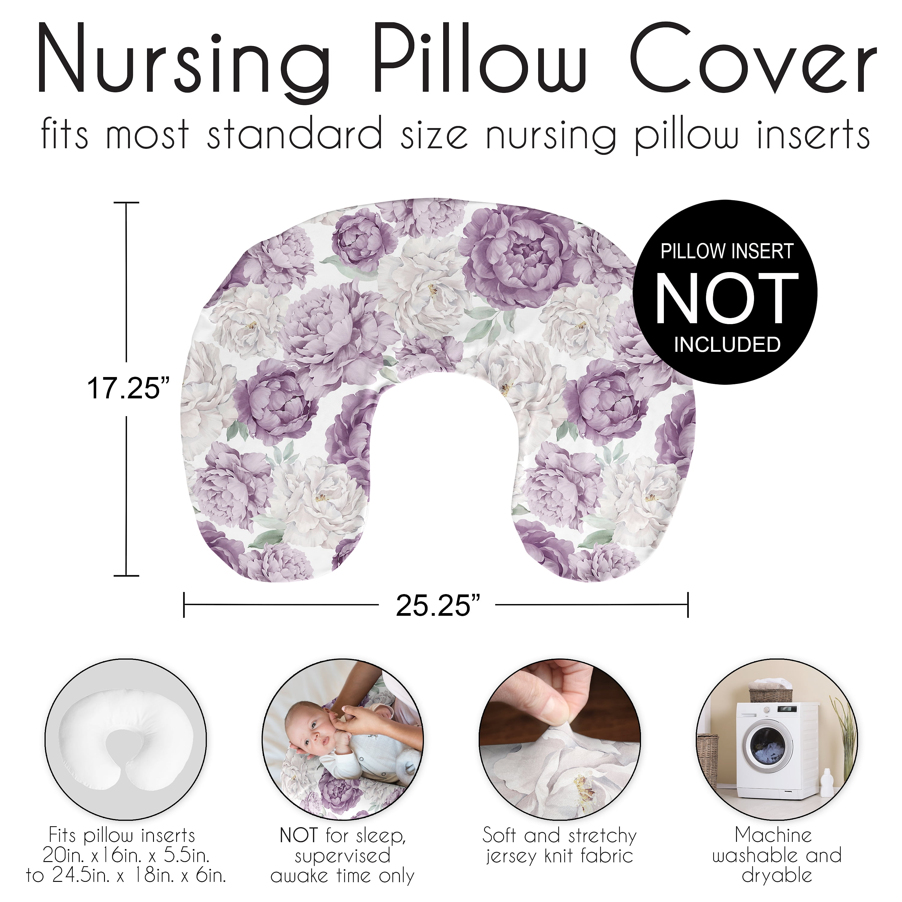Sweet Jojo Designs Peony Floral Garden Lavender Purple and Ivory Girl Nursing Pillow Cover Case (Pillow Not Included)