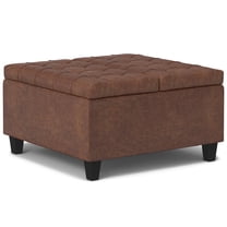 Simpli Home Harrison 30 inch Wide Transitional Square Small Square Coffee Table Storage Ottoman in Distressed Saddle Brown Vegan Faux Leather
