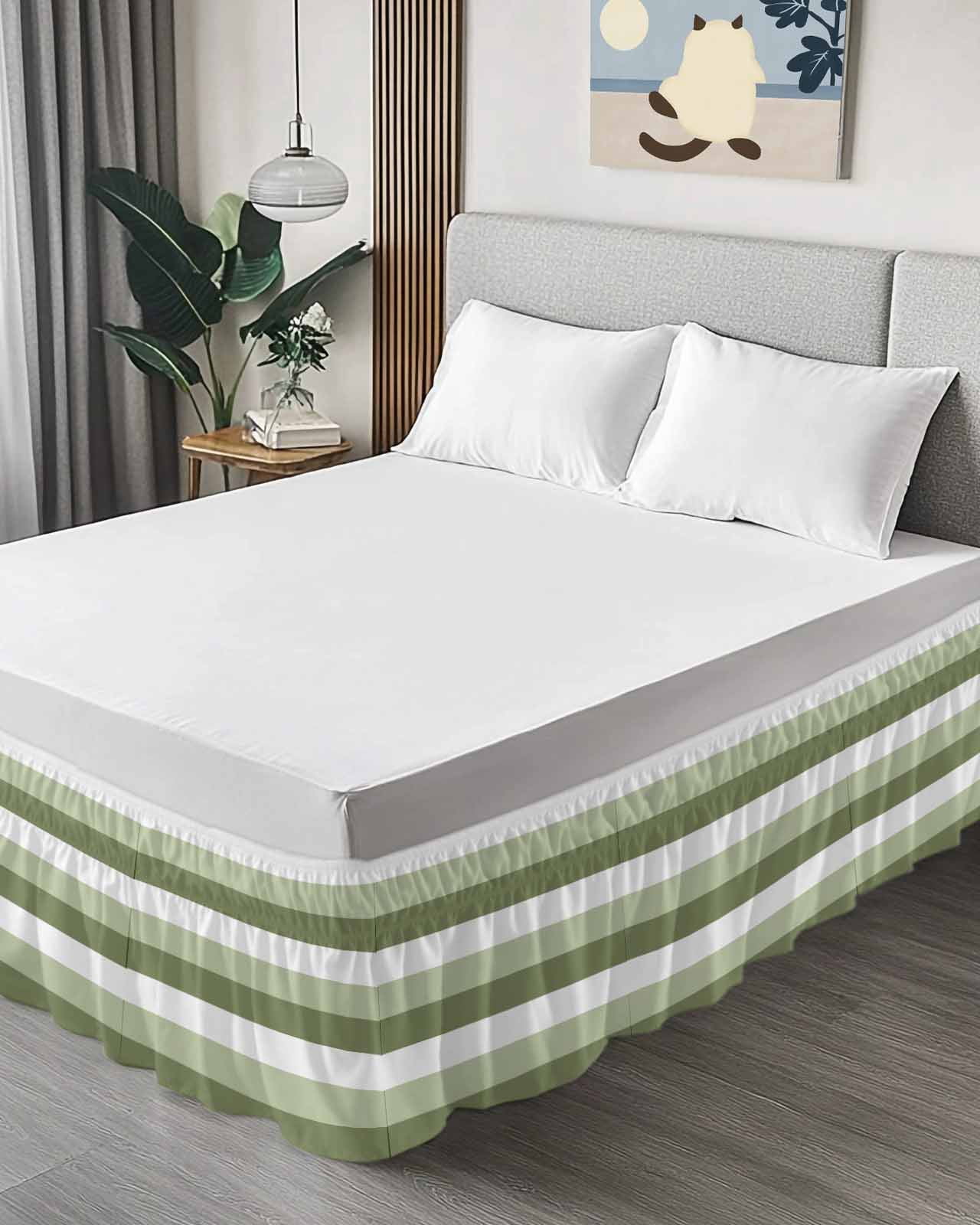 Sage Green White Striped Wrap Around Bed Skirts for California King Bed 18" Drop,Bed Skirt with Adjustable Elastic Belt Dust Ruffle Bed Valance for Bedroom Hotel Farmhouse Stripes Bed Frame Cover