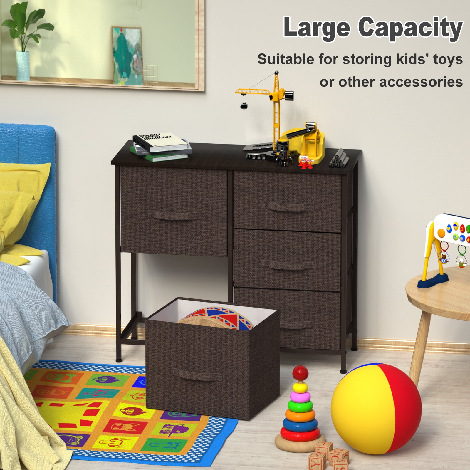 Dresser with 5 Drawers,Hengu Fabric Storage Tower, Organizer Unit for Bedroom, Living Room, Hallway, Closets & Nursery - Sturdy Steel Frame, Wooden Top & Easy Pull Fabric Bins,Brown