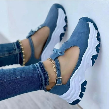 

Women Sports Slip On Sneakers Round Toe Chunky Bottom Flat Pumps Slip On Loafers for Going Beach Side Wear Blue 39