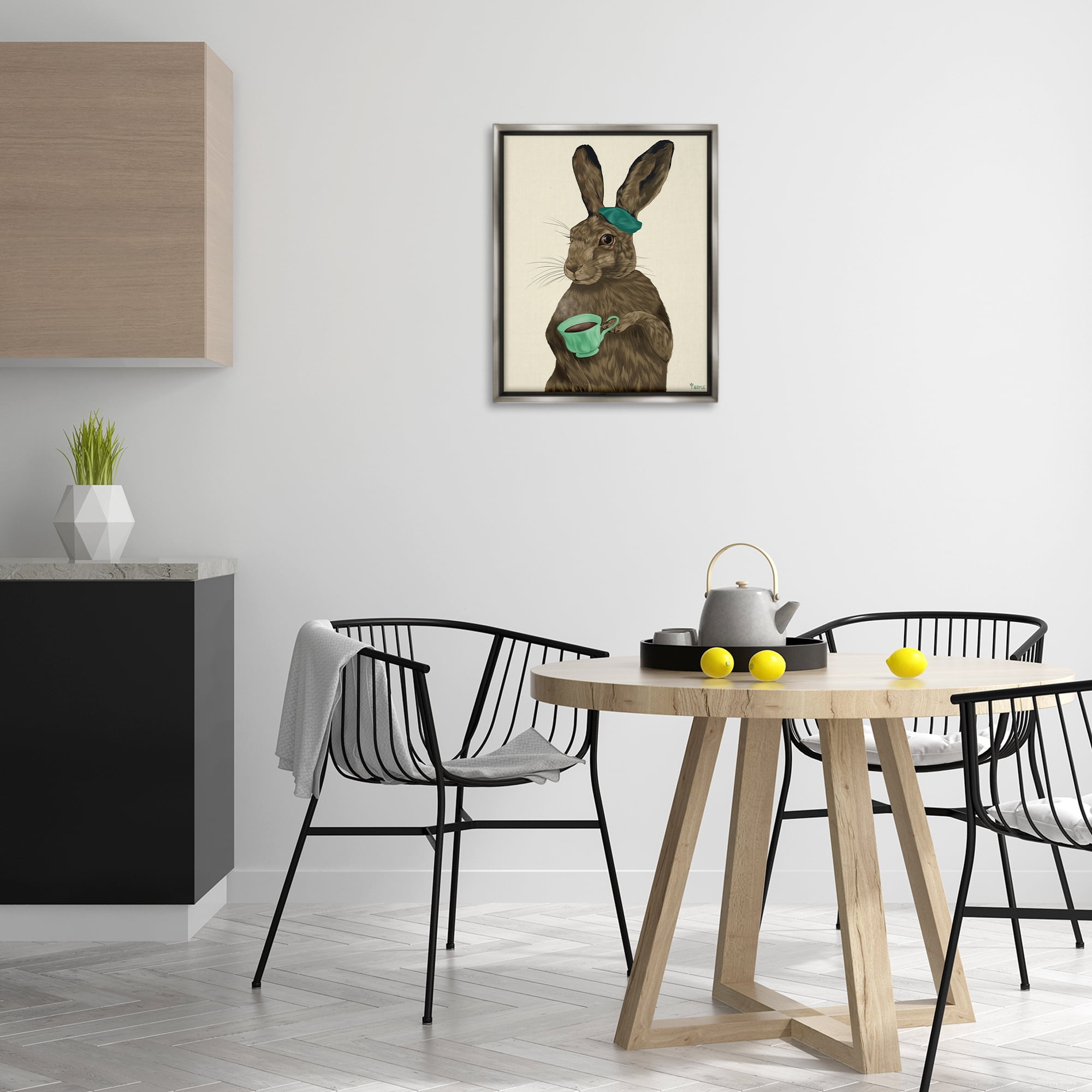 Stupell Industries Rabbit & Green Teacup Animals & Insects Painting Gray Floater Framed Canvas Art Print Wall Art, 17 x 21