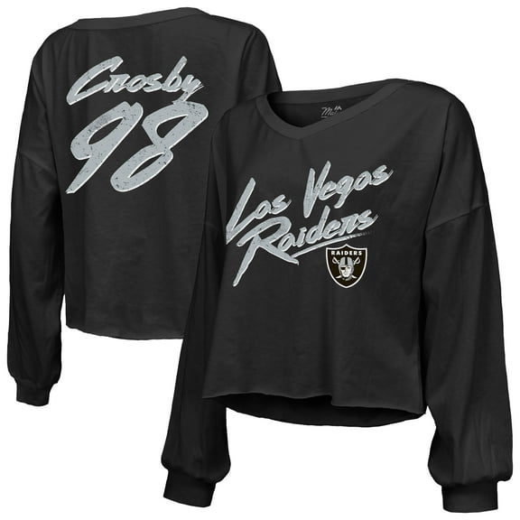 Women's Majestic Threads Maxx Crosby Black Las Vegas Raiders Name & Number Off-Shoulder Script Cropped Long Sleeve