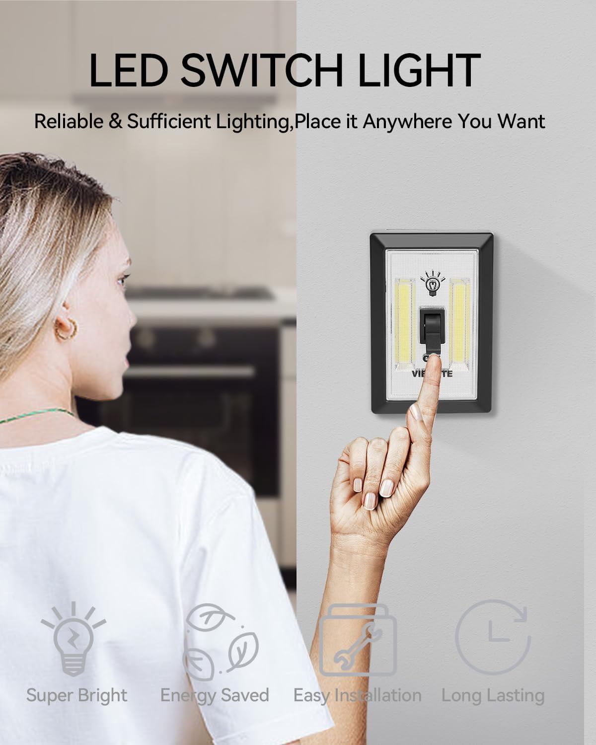 LED Night Light Switch, 200 Lumen Wireless COB LED Lamps Switch Light, Under Cabinet, Shelf, Closet, Garage, Kitchen, Stairwell and Emergency, Battery Operated, 4 Pack, Black