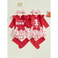 thumbnail image 3 of Newborn Baby Girl Valentines Day Outfit Long Sleeve Ruffle Romper+Heart Layered Shorts+ Bow Headband+ Socks 4Pcs Spring Clothes, 3 of 8
