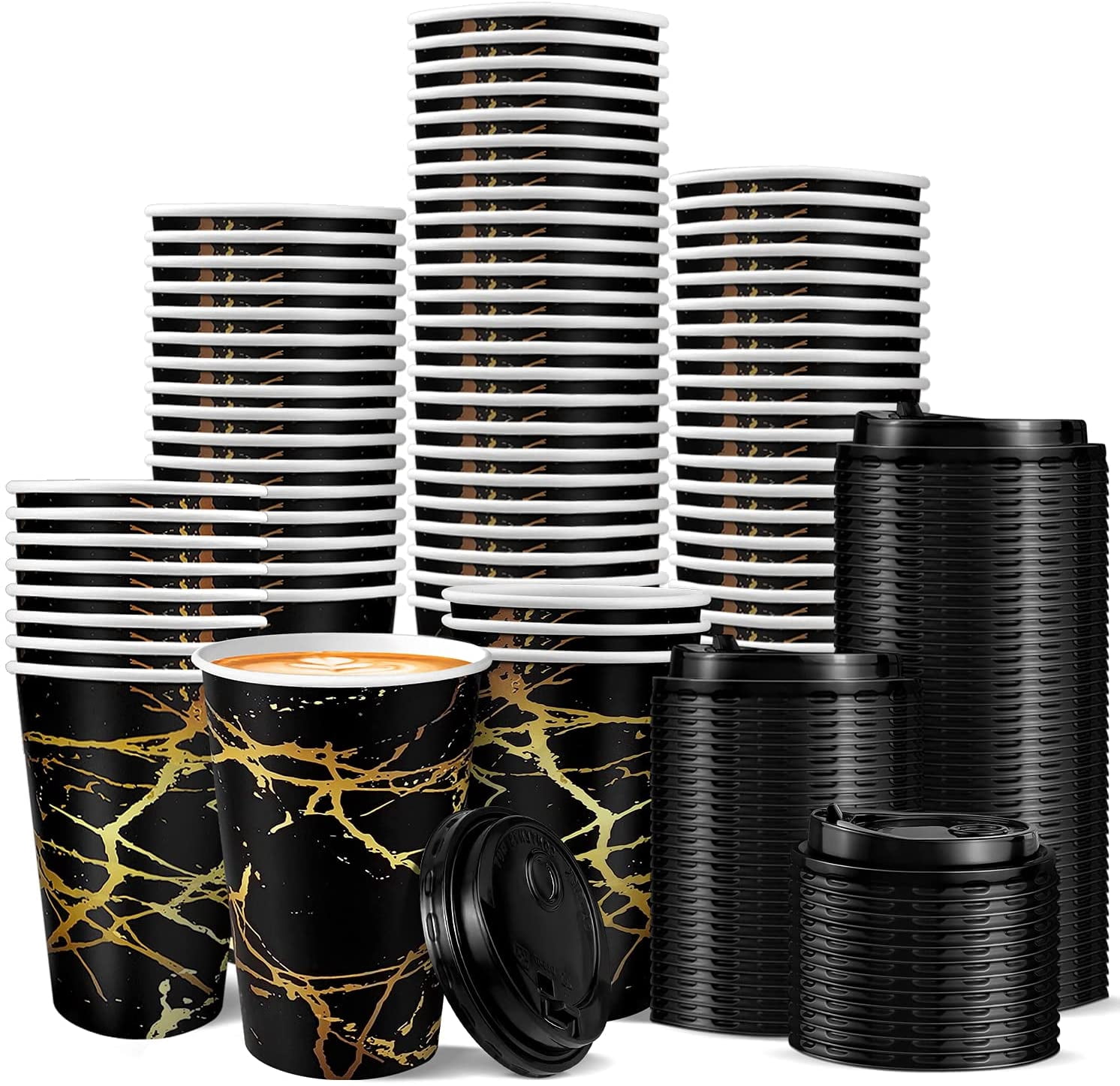 Golden Marble Pattern Design Disposable Coffee Cups with Lids, 50 Set