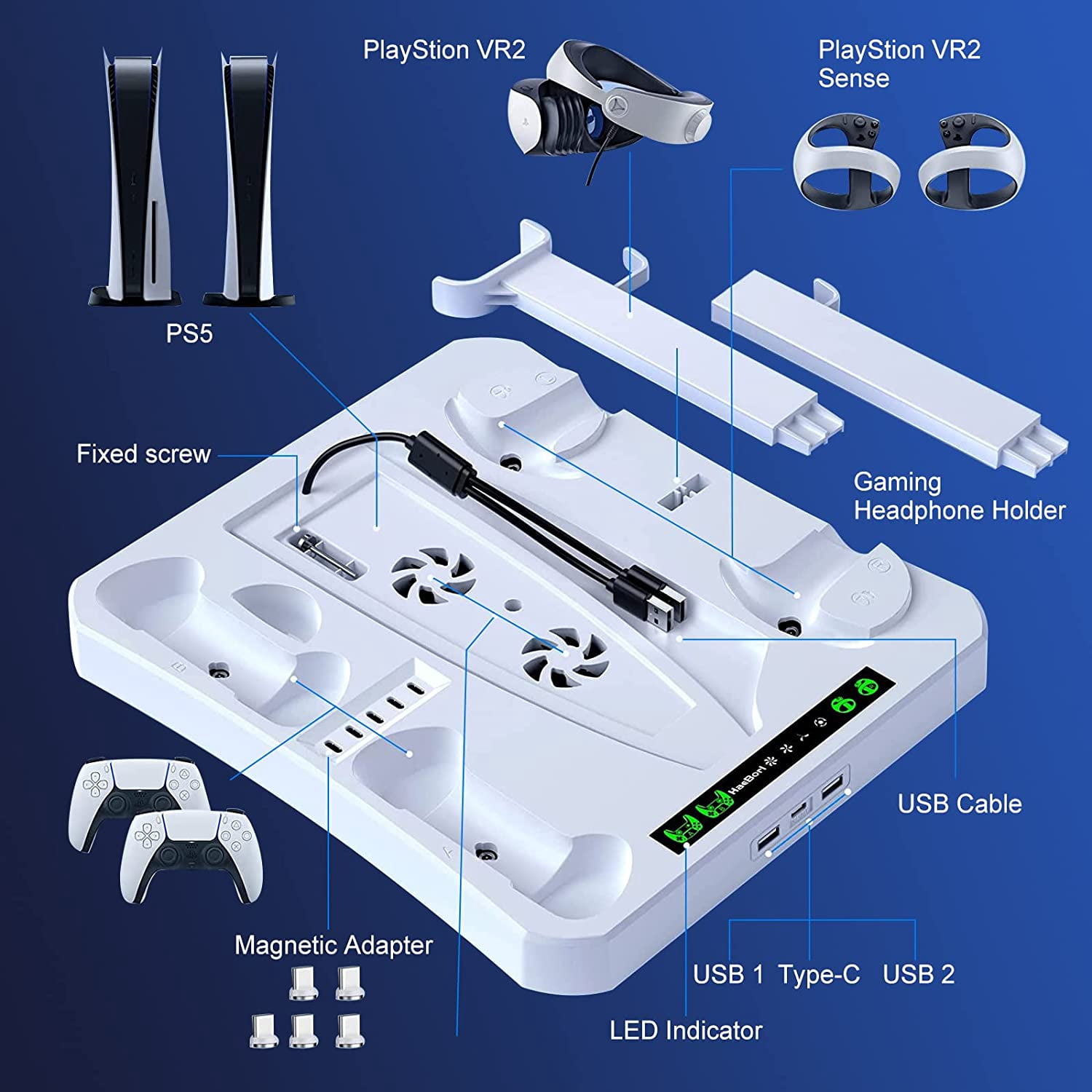 PS5 Accessories Cooling Station for PS5 Console, Charging Station for PS5 Controller & PSVR 2, [5 in 1] Stand with Cooling Fan and 5 Type-C Magnetic Charger, White