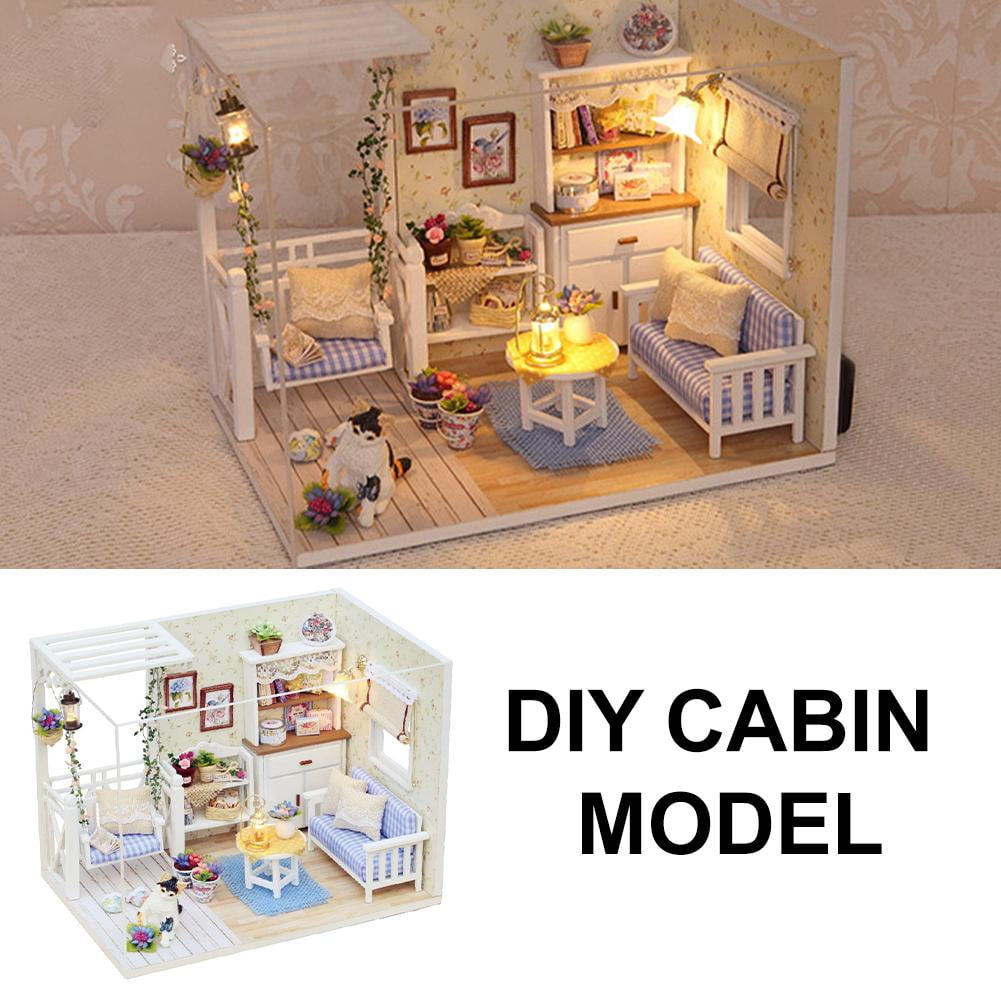 DIY Miniature House Kit Mini Doll House Model Tiny Home Build Diorama Craft Kit with LED Dust Cover for Beginners Christmas Halloween Holiday Birthday Gift for Adult(Cat Room)