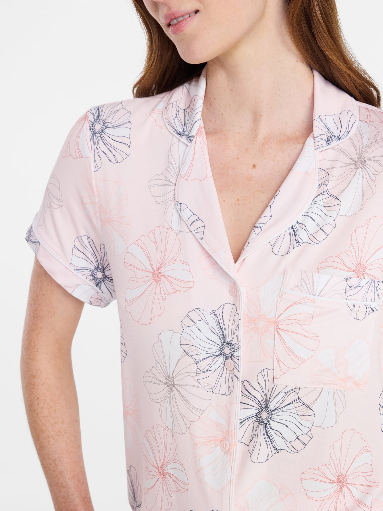 Joyspun Women’s Sleep Modal Short Sleeve Notch Top and Shorts Pajama Set, Size XS-XL, 2X-3X