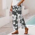 thumbnail image 3 of Boho Beach Pants for Women Casual Floral Print Elastic Waist Wide Straight Leg Loose Linen Cropped Pants with Pockets, 3 of 7