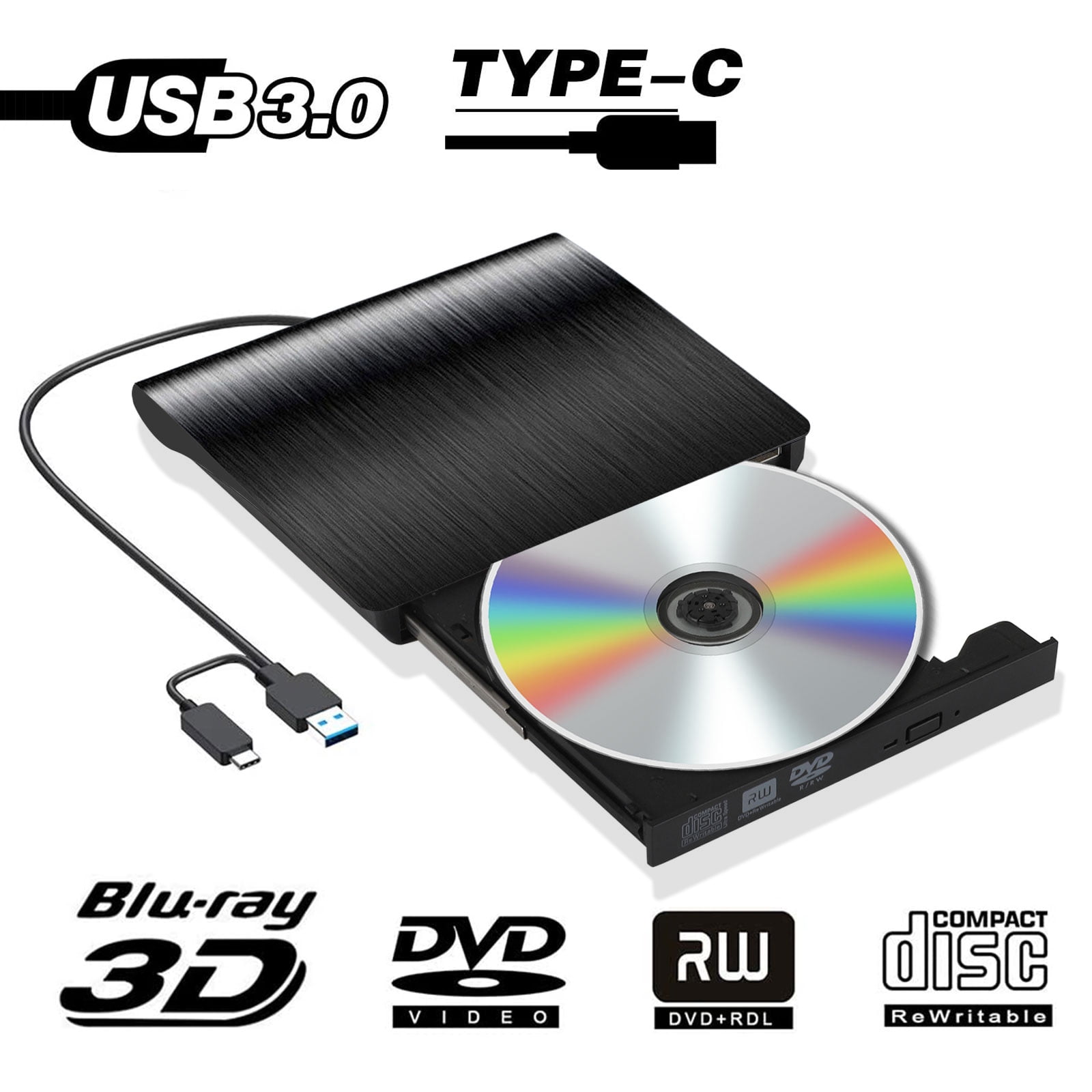 External DVD Drive, USB 3.0 Type-C CD DVD +/-RW Optical Drive USB C DVD Burner Player Slim CD DVD ROM Rewriter Writer Reader Portable fits for PC Laptop Desktop MacBook Mac OS Windows 7/8.1/10 Linux