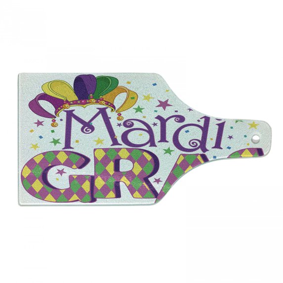 Mardi Gras Cutting Board, Joyous Composition Lettering Stars and Party Hat, Decorative Tempered Glass Cutting and Serving Board, Wine Bottle Shape, Purple Yellow Green, by Ambesonne
