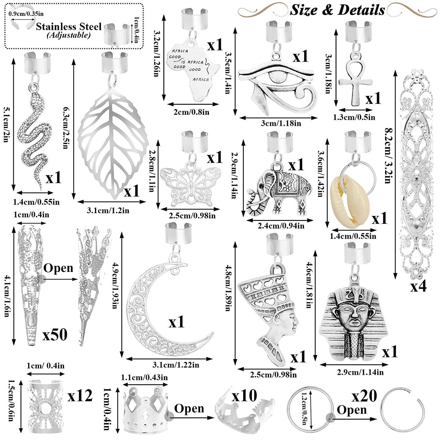 Yoyauz 107 Pieces Ear Clip Ornaments Hair Accessories Gold & Silver Braids Accessories Hair Accessories Pendants Braids Cuff Clip Accessories Women's Braid Decorations