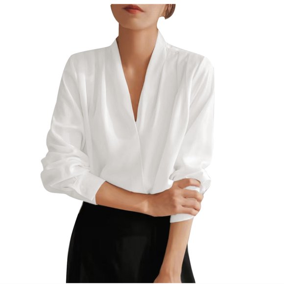 Timegard Womens Tops Dress Top Satin V-Neck Long Sleeve Pleated Office Business Casual Loose Shirts Tops